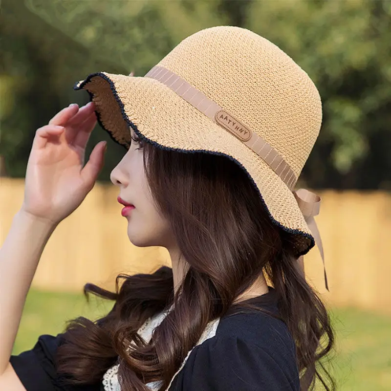 

Hat Women's Spring Flounced Flax Hat Bow Korean Style Suitable For Round Face 2023 New Adjustable Fisherman Hat