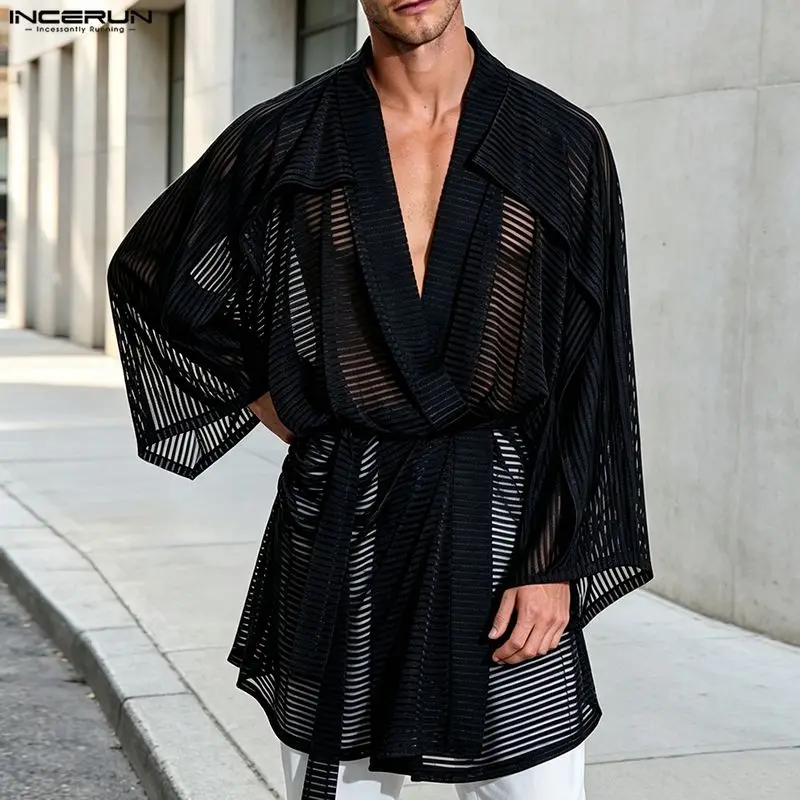 INCERUN Men Long Style Shirt Mesh See Through V Neck Long Sleeve Cardigan For Man Open Stitch Striped Lace Up Loose Men Clothes