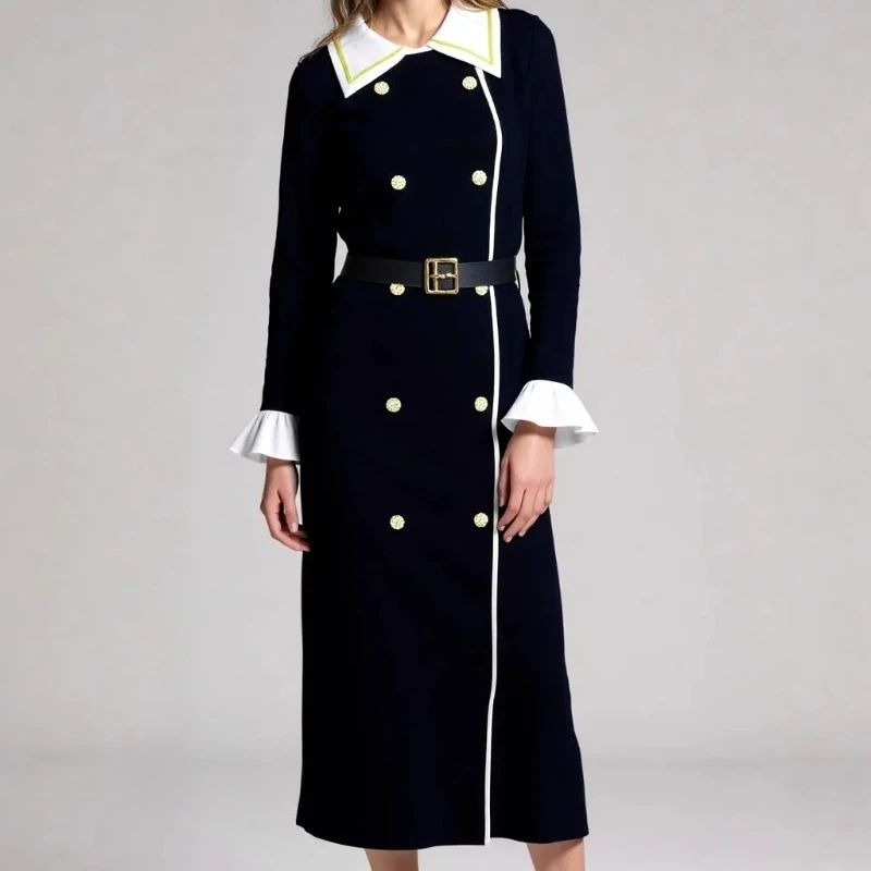 

Весеннее женское модное вязаное платье с воротником-стойкой, поясом, юбкой-оберткой, двойными пуговицами, элегантное, длинное, до щиколотки