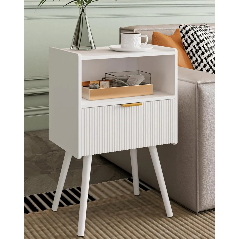 

Modern Bedside Table with Storage Drawer and Open Wood Shelf, Accent Night Stand with Solid Wood Legs for Living Room