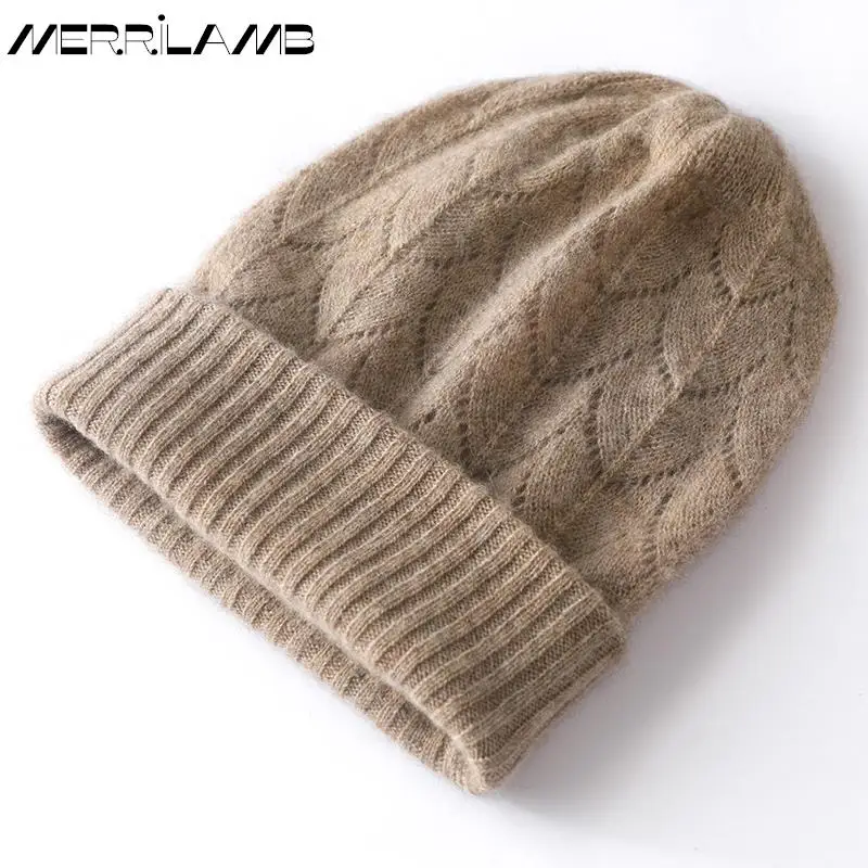 High Quality Winter Hats Women\'s Cashmere Knitted Solid Jacquard Skullies Cap Beanies