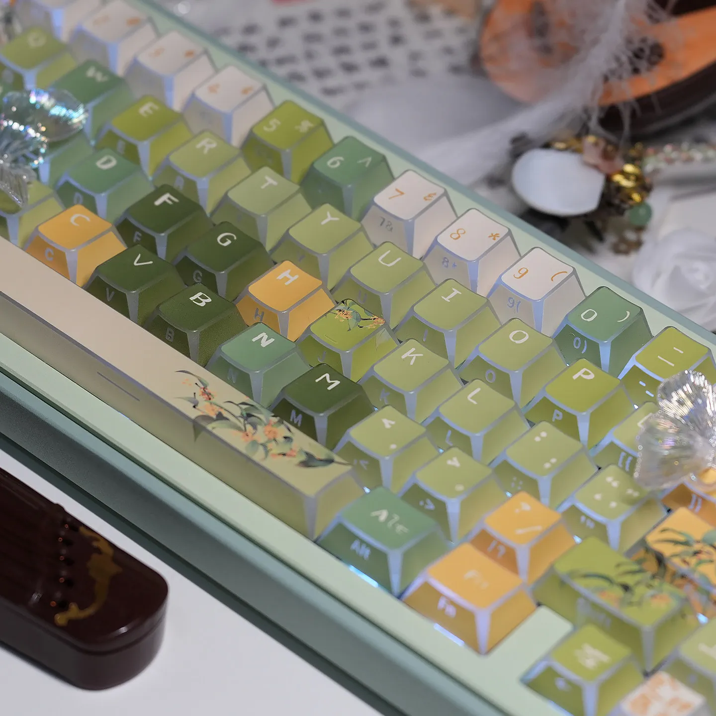 MAIMOOO Green Shadow Keycaps PBT Cherry Profile Osmanthus Oolong Theme Side Engraved Translucent Keycaps for Mechanical Keyboard