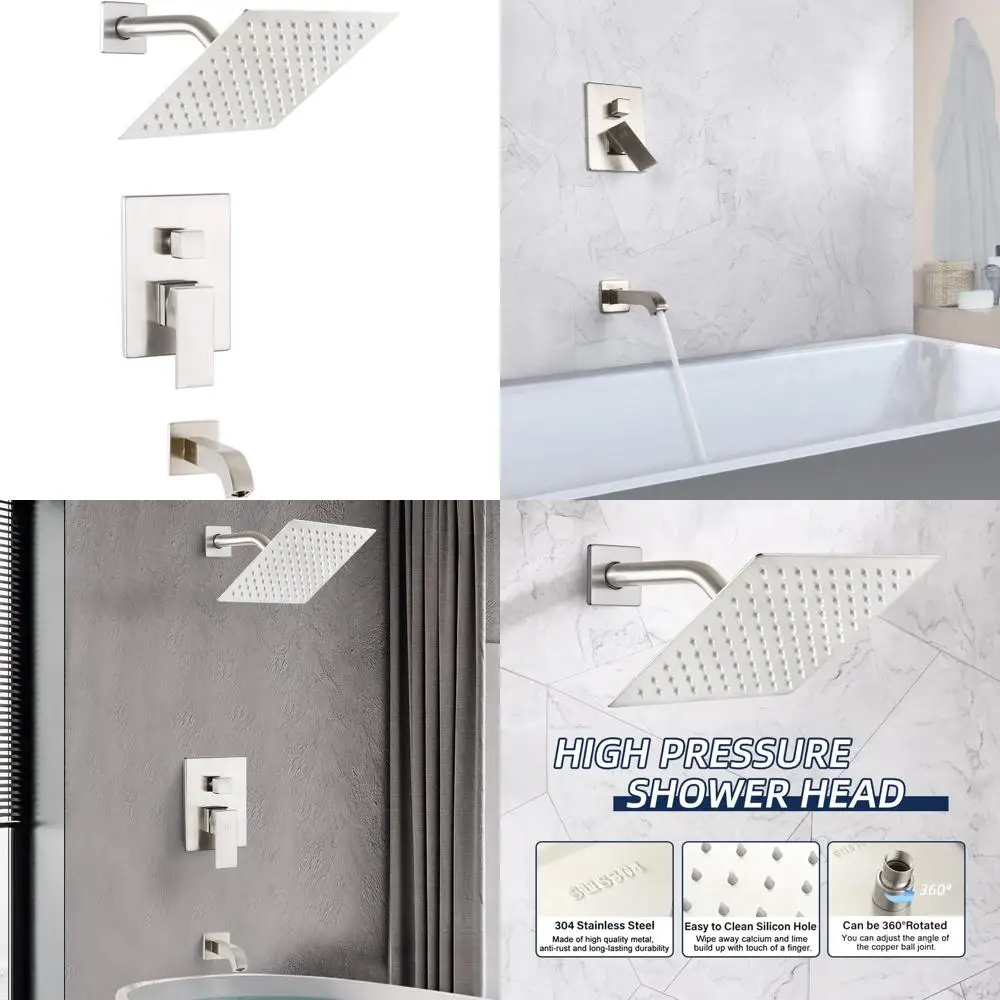 

Wall Mounted Rainfall Shower System with Tub Spout - Brushed Nickel Finish, Bathroom Shower Mixer Showerhead for Luxury Experien