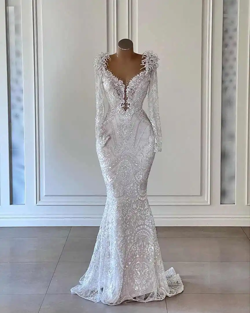 Elegant Wedding Dresses Mermaid Deep V-Neck Appliques Lace Long Sleeve Bridal Gowns Special Occasion Robe de mariée Customized