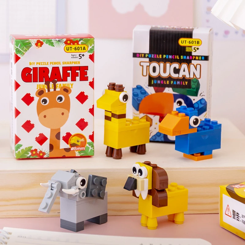 Creative Cartoon Animal Building Block Pencil Sharpener Cute Fun Build Yourself DIY Brick Stationery Boy Gift School Supplies