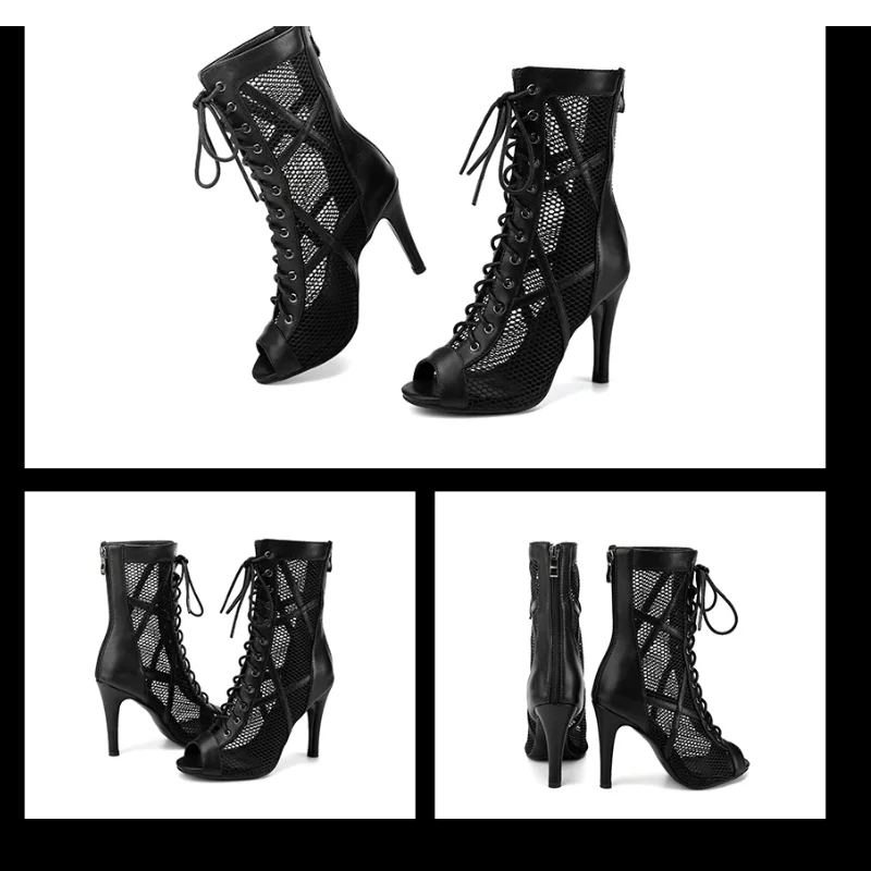 Rubber Sole Sexy stilettos Latin Dance Shoes Woman Black Mesh Boots Salsa Dancing Boots For Ladies Party Dance Shoes Ballroom