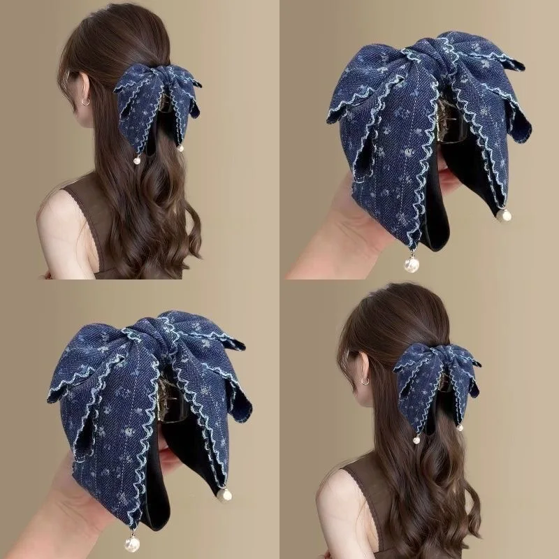 

【1pcs】Crab hair clip blue Hair clips for hair accessories bow fabric and headwear large claw clip pearl Hair buckle hooks
