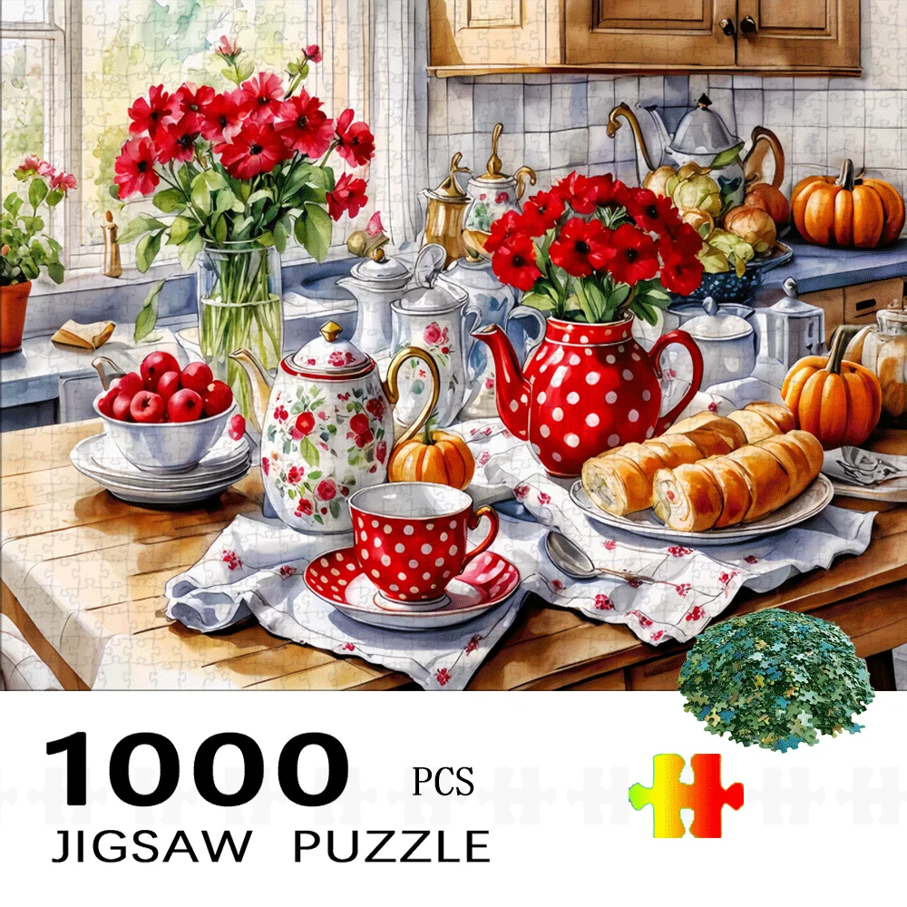 Escena de cocina, juego de té, rompecabezas de papel, 1000 Uds., rompecabezas grande, juguete, juego para adultos, regalo, familia interactiva DIY, decoración del hogar, desafío cerebral