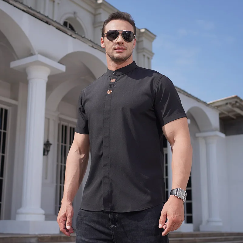 Camisa bordada solta de manga curta masculina, elegante vestido de casamento, camisa casual empresarial, tamanho grande, verão