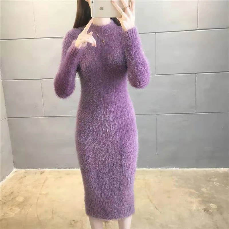 Women\'s Winter Clothing 2024 Imitation Mink Wool Thick Warm Turtleneck Sweater Dress Sheath Bodycon Dresses For Women Casual