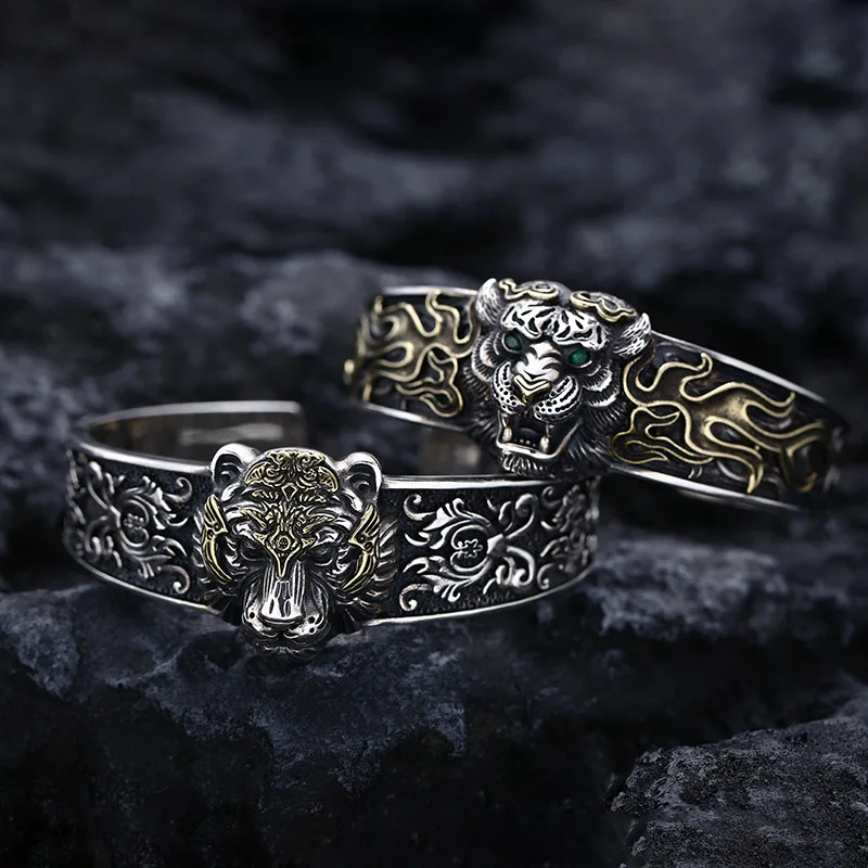 BOCAI New S925 Sterling Silver Charms Bracelets for Men Antique Tiger Head Pattern Fashion Punk Wide Bangle Fine Choice Jewelry