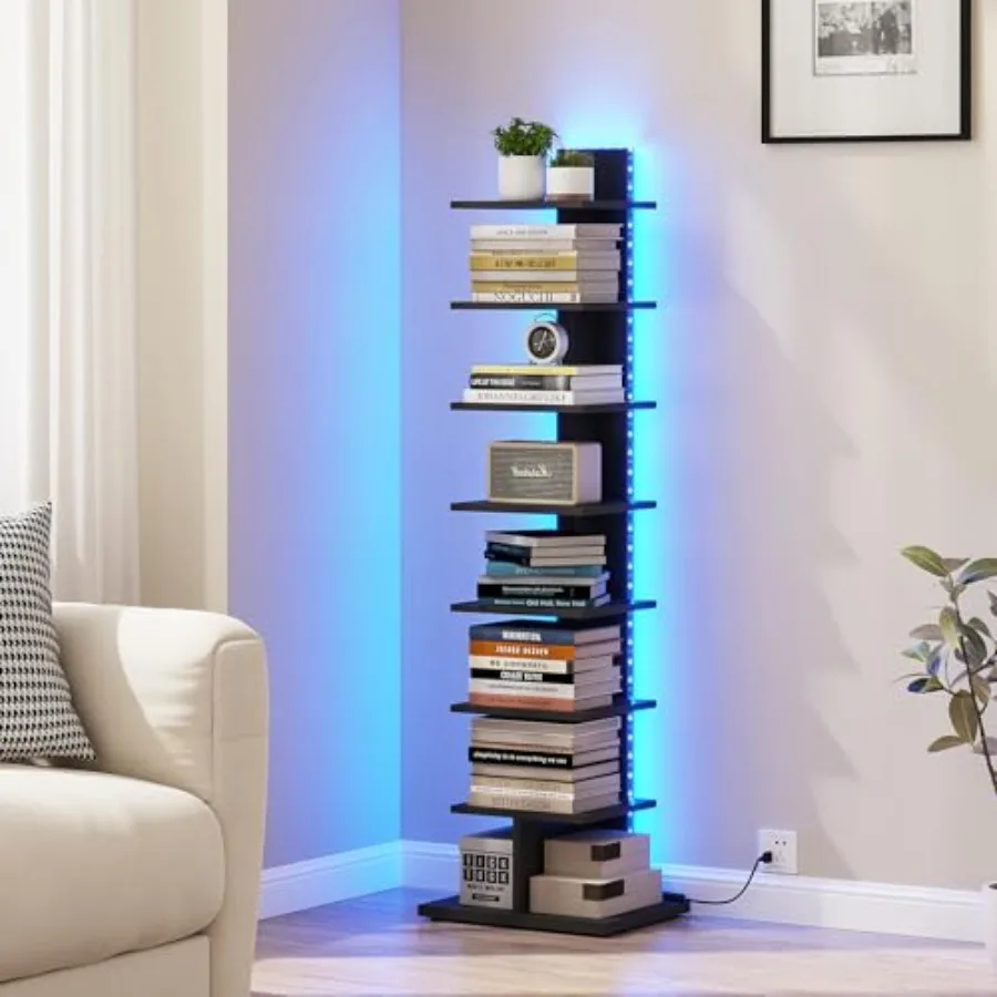 

Узкий книжный шкаф с LED-подсветкой, стеллаж для книг с подсветкой, угловой напольный стеллаж для небольших помещений, для гостиной, офиса, кабинета, прихожей BS