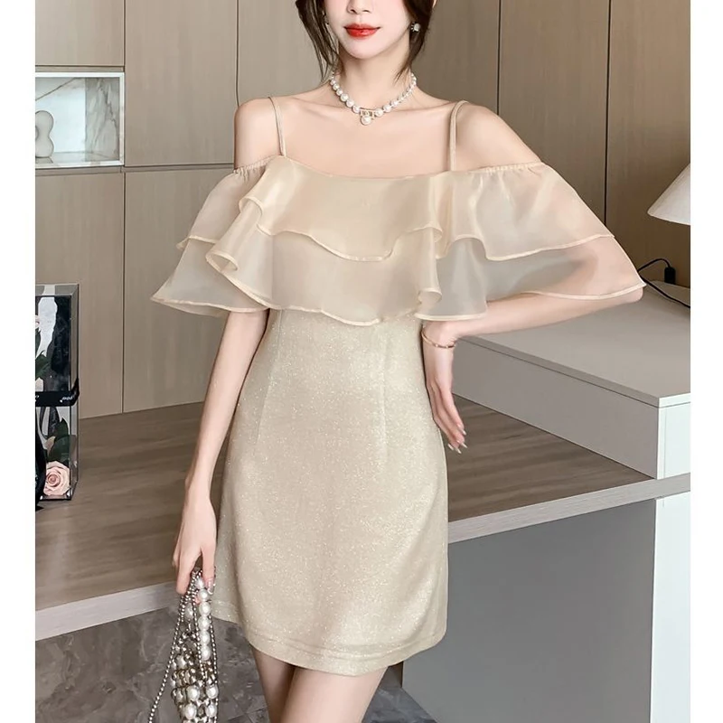 Summer New Elegant Fashion Off the Shoulder Shiny Bodycon Dress Ladies Ruffles Sexy Slip Evening Party Mesh Robe Vestidos Women