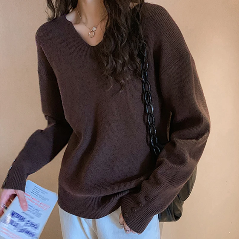 محبوك سترة المرأة البلوفرات جديد طويل الأكمام الخامس الرقبة الأسود متماسكة سترة البلوز المرأة بلايز تريكو Sueters De Mujer Q1034