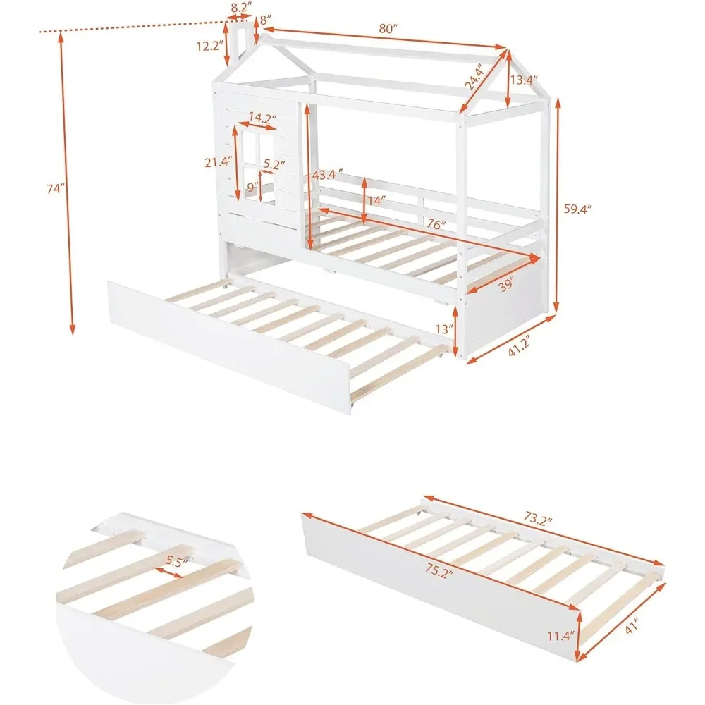 Casa de cama de tamaño doble para niños, cama Montessori con diseño de Trundle, ventana y techo, marco de cama para niños, casa de juegos divertida