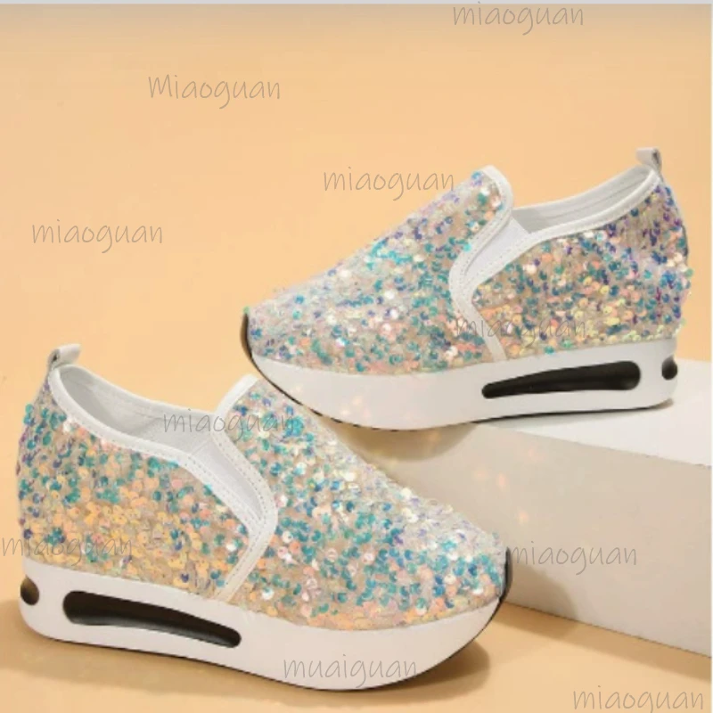 

Glitter Chunky Platform Comfort Sneakers Women Sequines Shoes Breathable Wedge Heel Comfort Casual Lightweiht Footwear Plus Size
