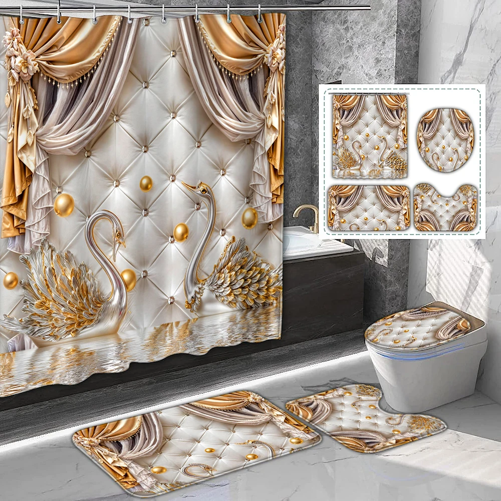 4-piece set of Swan flowers pattern waterproof shower curtain with 12 hooks, waterproof printed curtain, bathroom floor mat