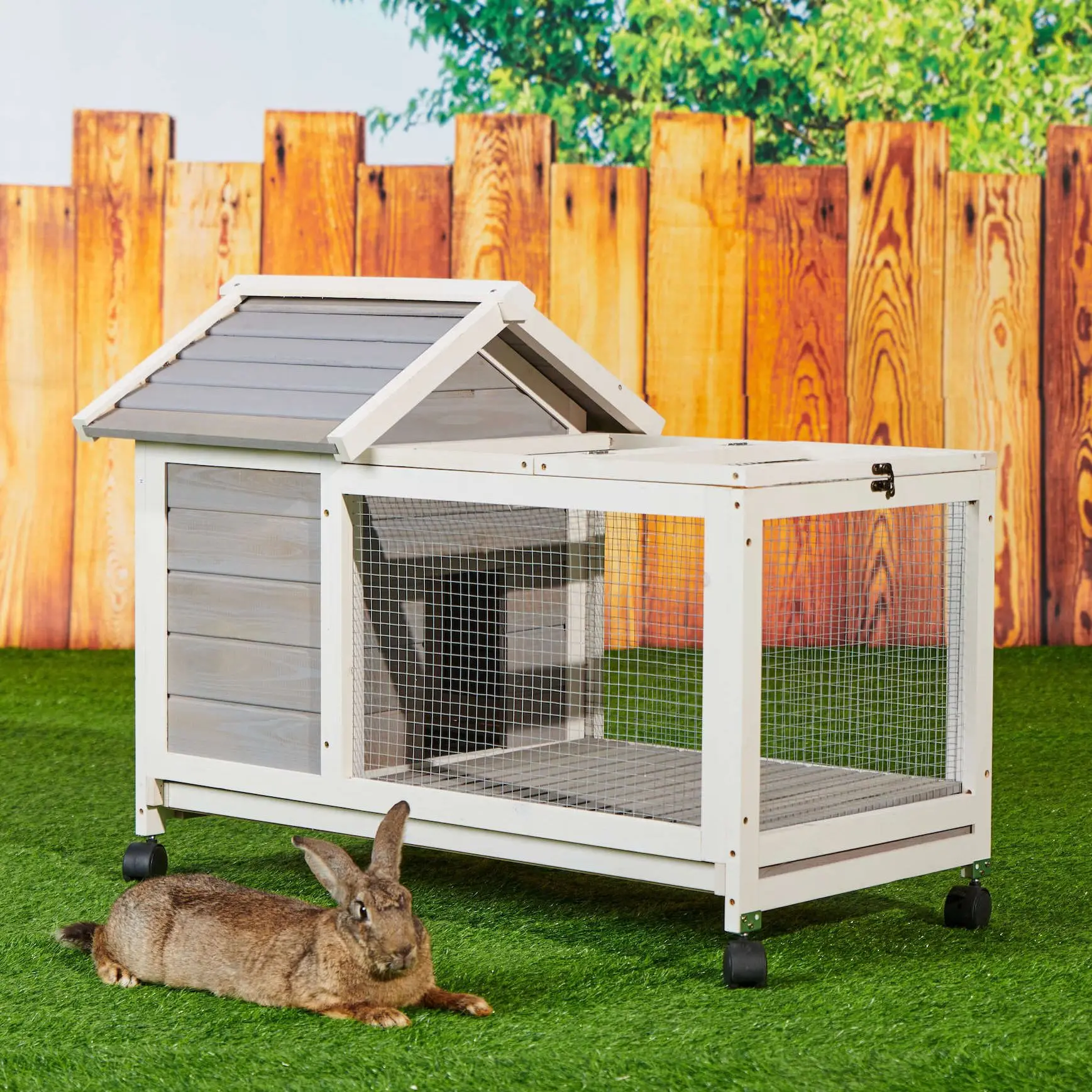 

Wooden Rabbit Hutch 40.7x23.4x30 Inch Bunny Cage Chicken Coop with Tray&4 Wheels Auburn/Gray[US-Stock]