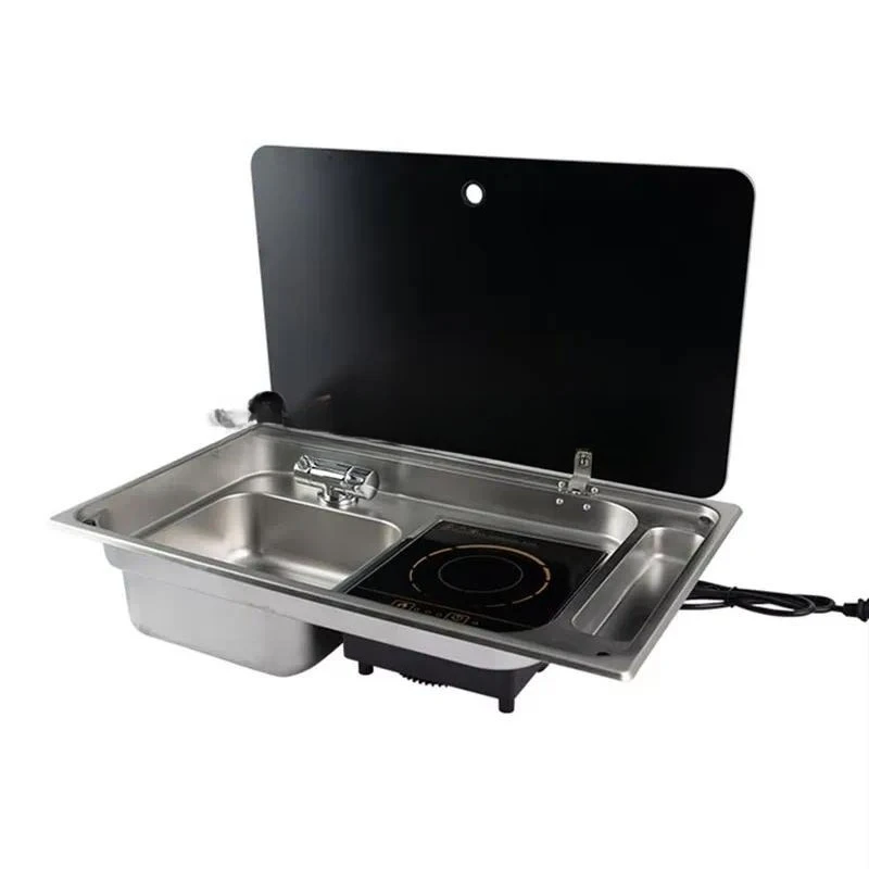 For RV Stainless Steel Sink and Induction Cooker Combo with Tempered Glass Lid and Hot Cold Folding Faucet