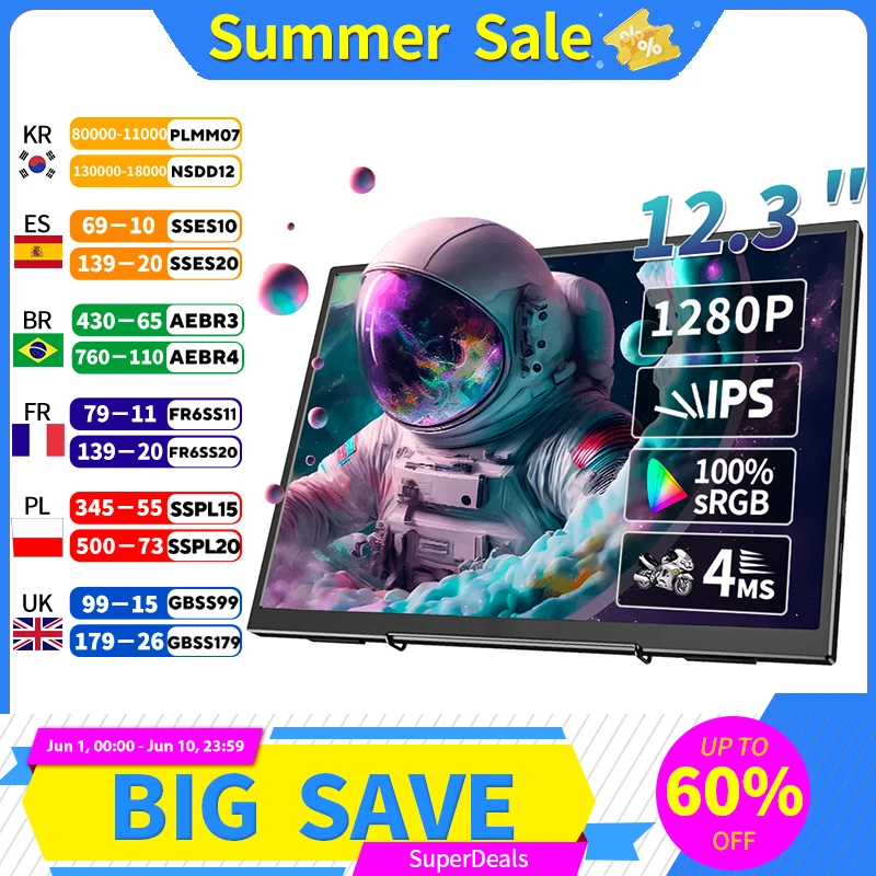12.3 inch portable monitor 1280P 400cd/m 60hz gaming monitor Built-in speakers for ps3/4/5 Swtich Xbox laptop iphone PC