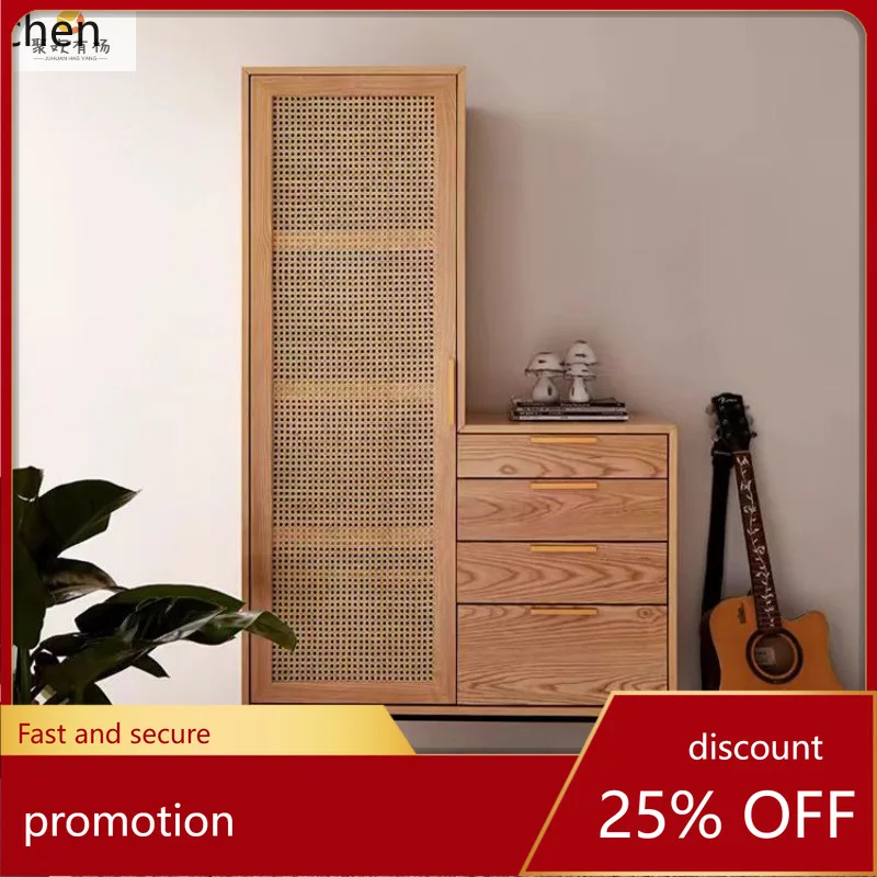 HXL Rattan Woven Homestay Solid Wood Wardrobe Grid Single Wooden Door Four-Drawer Rattan Wardrobe