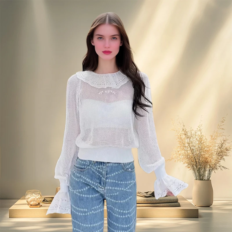 

2025 Early Spring New Style Small Fragrant Lotus Leaf Collar Cut Out Knitted Long-Sleeved Bell-Sleeved Knitwear Top for Women