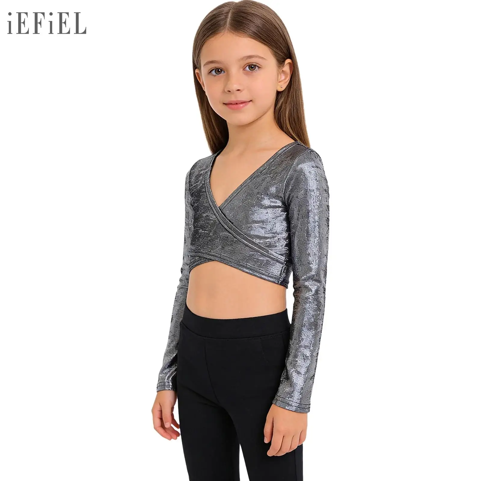 

Kids Girls Hip-Hop Jazz Dance Costume Self-Tie Wrap Tops Gymnastics Dancewear Long Sleeve Metallic Crop Top for Ballet Yoga