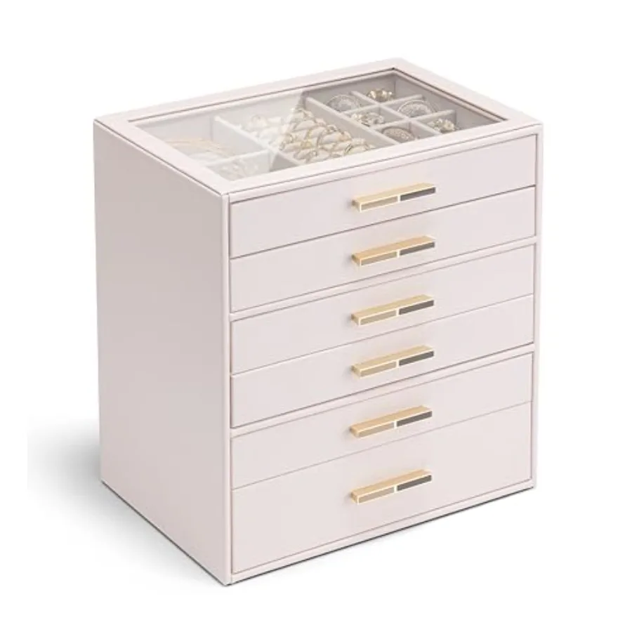 

6-слойная шкатулка для драгоценностей для женщин, стеклянная крышка, органайзер для ювелирных изделий с 6 ящиками для ожерелья, колец, серег, браслетов - светло-розовый