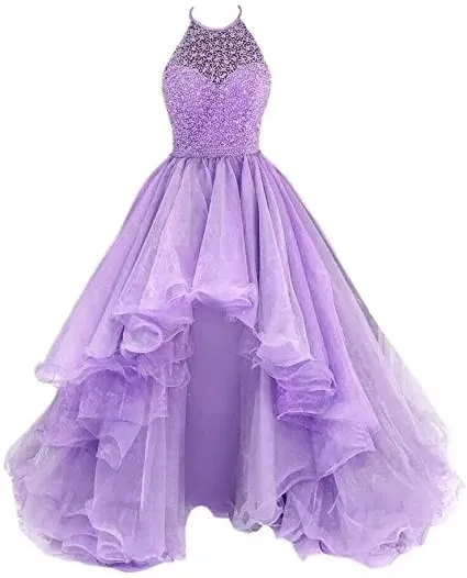 

GUXQD High-Low Prom Dresses Vestidos De Festa Sexy High-Neck Beading Abendkleider Cinderella Birthday Princess Party Gowns