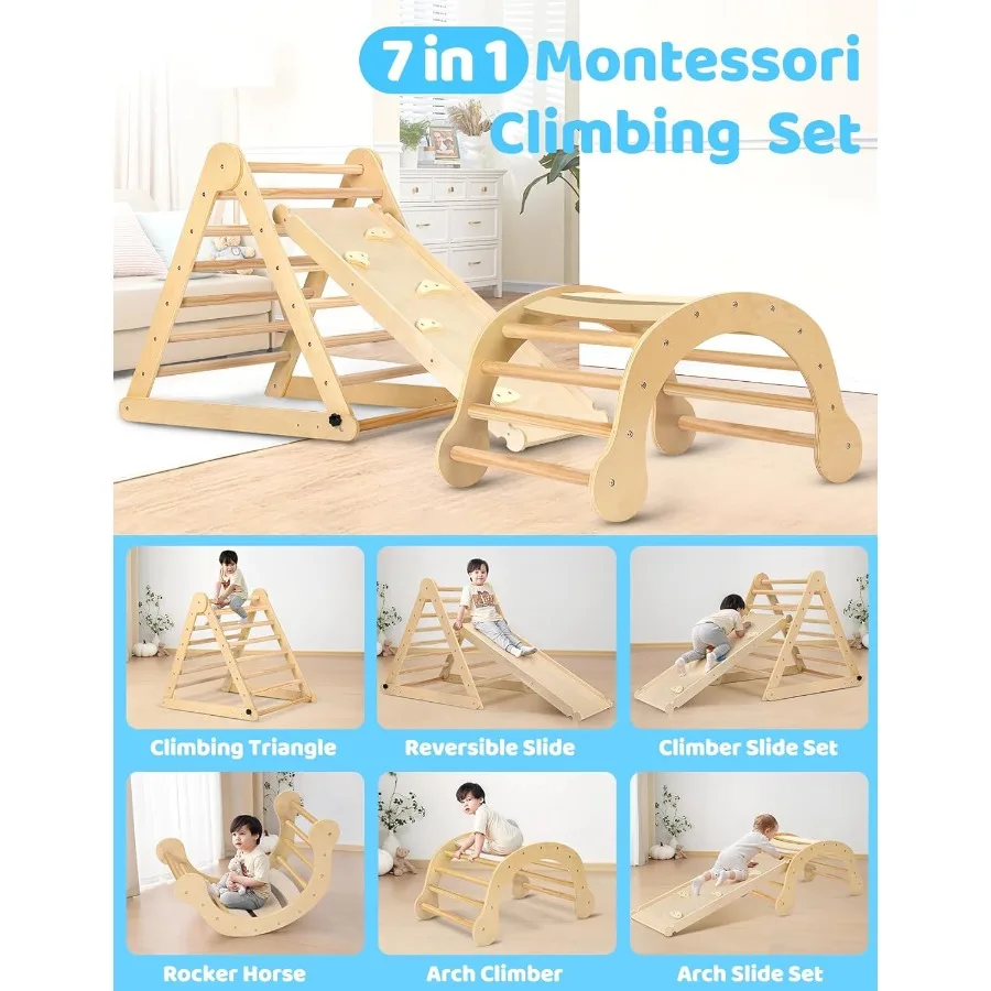 大型ピクラー三角形セット 7-in-1、モンテッソーリクライミングトイ（1歳以上向け）、頑丈なベースと高さ調節機能付き、クイックフォールド式