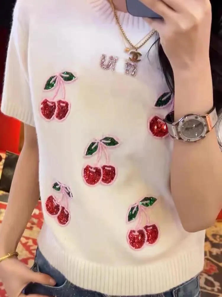 New French High End Cherry Knitted Sweater Women Spring Summer Short Sleeve Fashion Design Sequin Pullover Tops Casual Jumper