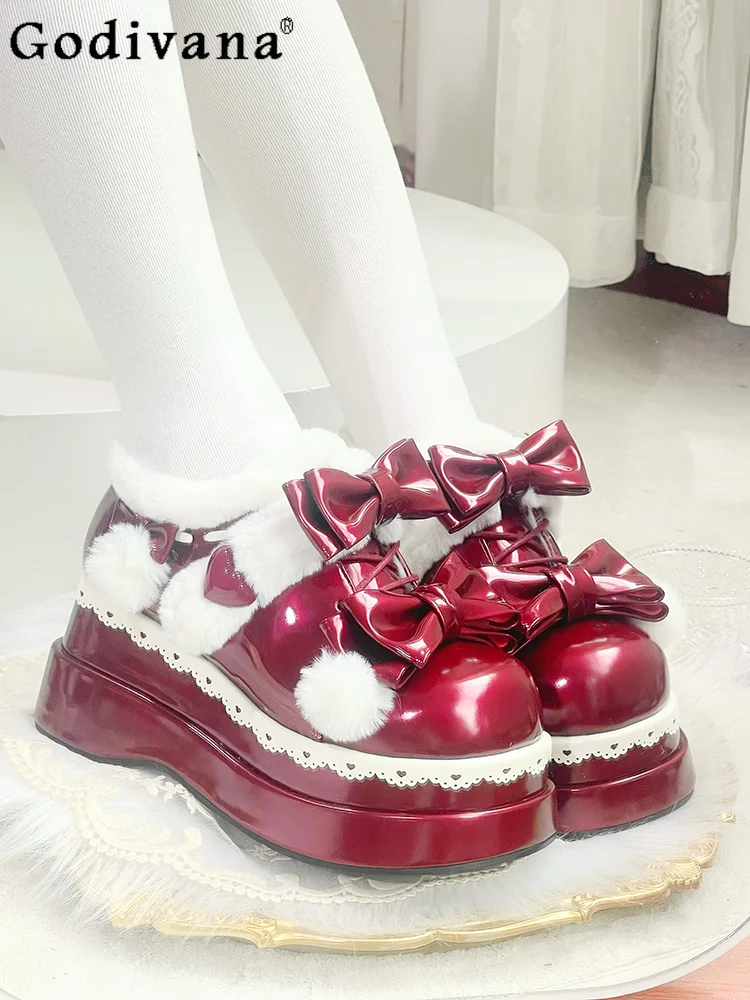 

Lolita Women's Thickened Warm Snow Boots Japanese Original Round Toe Sweet Cute Bowknot Fleece Lined Thick Sole Shoes