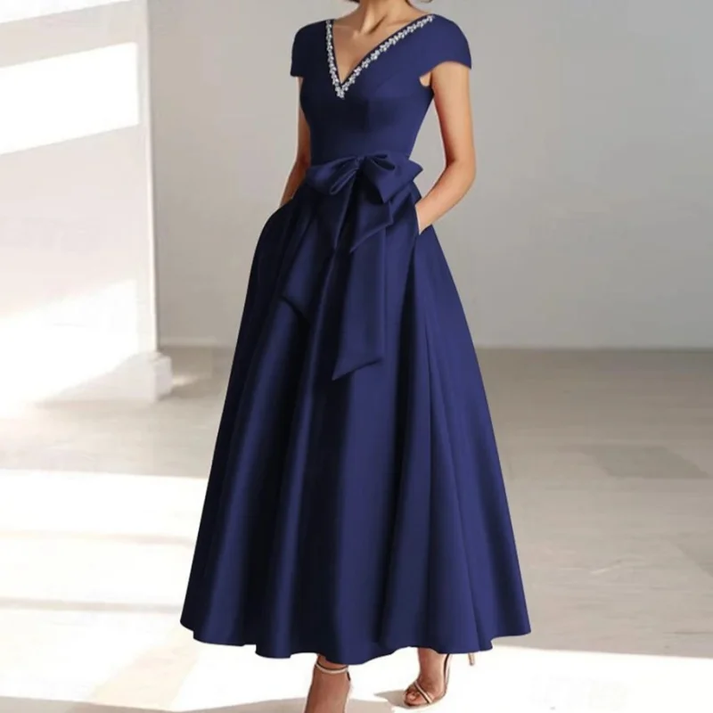 

Cap Sleeve V Neck Crystal Bow Ankle Length A Line Satin Wedding Guest Gown Mother of The Bride Dress Customized