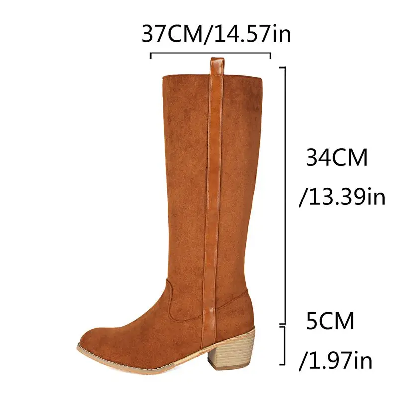 REAVE CAT Brand Leisure Female Knee High Boots Flock Suede Round Toe Chunky Heels 5cm Slip On Large Size 44 45 46 Daily Booties