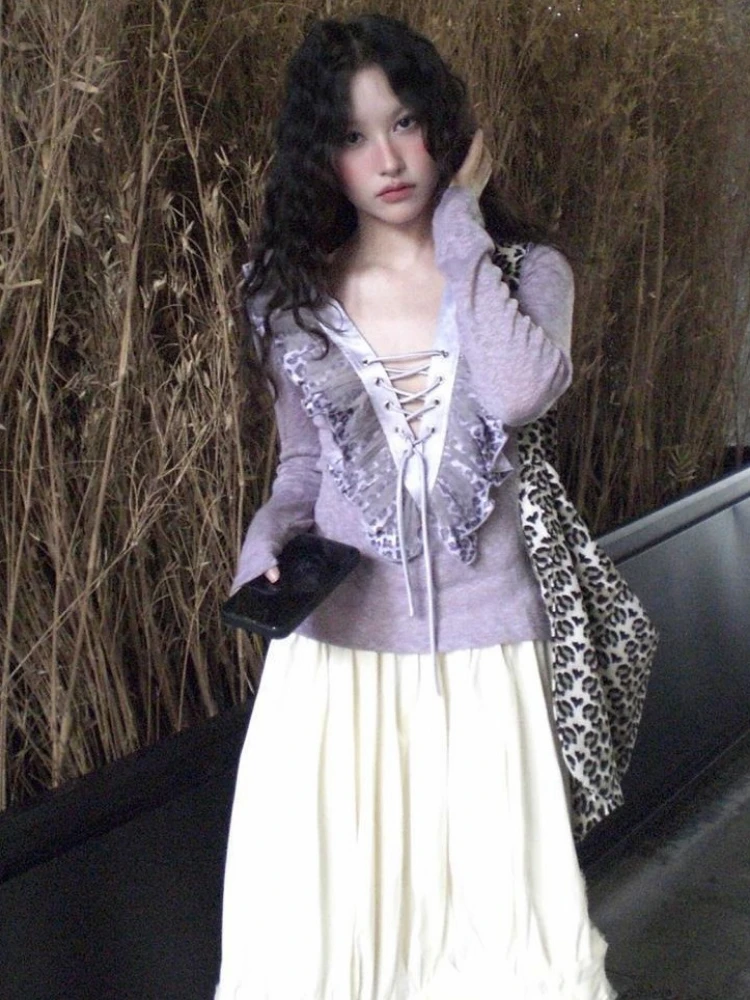 Y2k 美的フリルパッチワークセーター原宿女性セクシーな包帯ストリートウェアジャンパー秋グランジヴィンテージ妖精プルオーバー