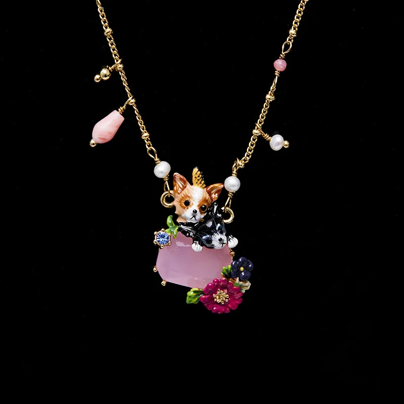 Cute Sweet Colorful Glaze Pet Chihuahua Puppy Fuchsia Flower Freshwater Pearl Dangles Pink Stones Pendant Necklace Collarbone