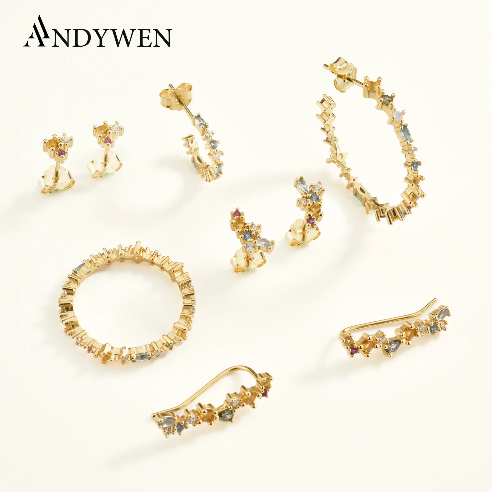 ANDYWEN 100% 925 Sterling Silver Rainbow Zircon CZ Big Hoops Circle Earring Round Piercing Pendiente Climber European Jewelry