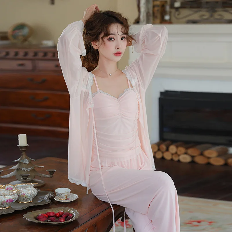 Spring Autumn Mesh Three Piece Sets Sexy Modal Loungewear Women Lace Bustier Shirt Pants Fairy Solid Color Sleepwear Nightwear