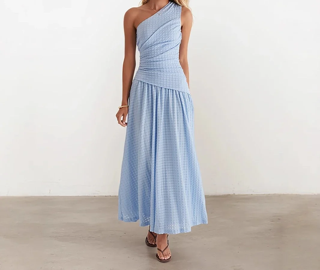 

Summer Women's Dress Long Skirt Solid Color Fashion Slim Fit High-end Feeling Sleeveless Single Shoulder Skirt Slim Fit