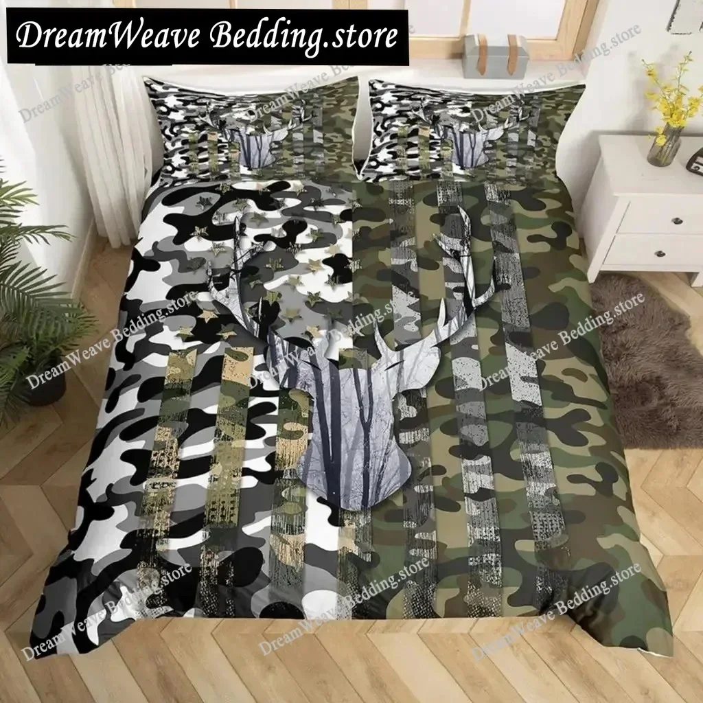 Camo Deer Duvet Cover Set Antlers Arrow Pattern Bedding Set Stripes Gird Camouflage Comforter Cover Microfiber King Quilt Cover5