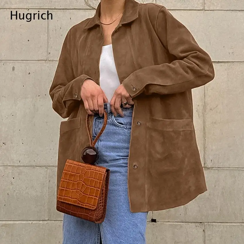 Brown Suede Button-Up Jacket with Pointed Collar Patch Pockets and Long Sleeves Relaxed Fit Casual Style