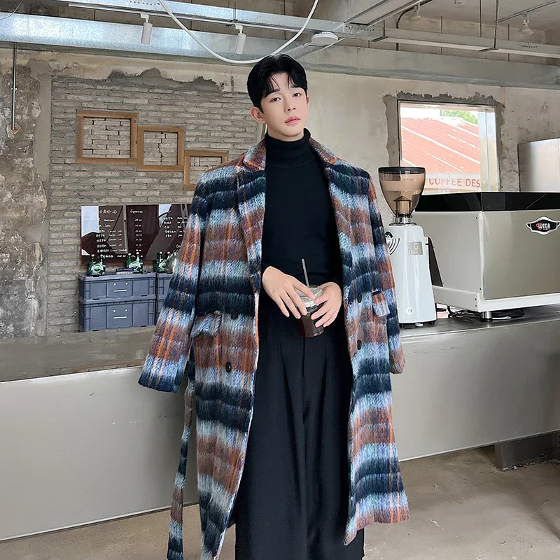 

Мужское шерстяное пальто средней длины в клетку, с отложным воротником, длинными рукавами, поясом, винтажное, повседневное, утепленное, в стиле стритвир