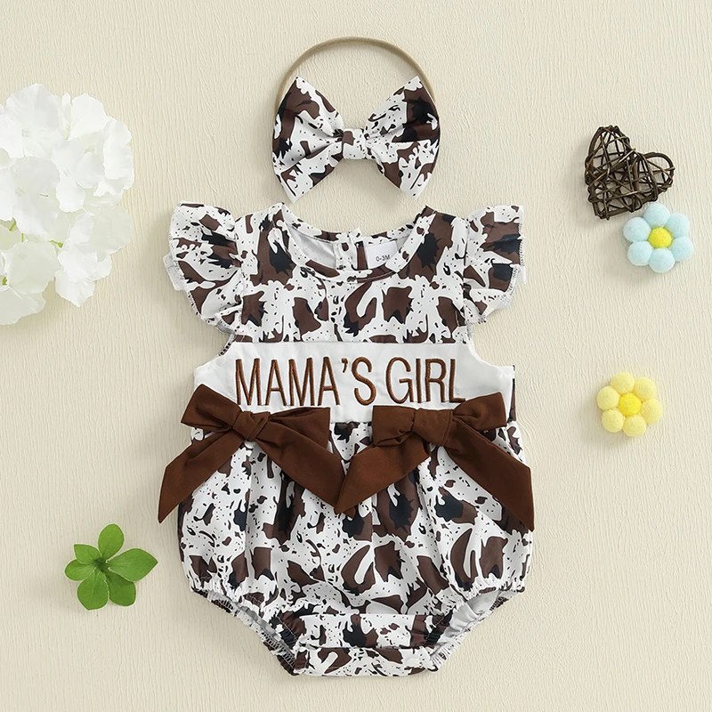 

Baby Clothes Newborn Infant Baby Girl Mother Day Romper Print Letter Embroidery Flying Sleeve Round Neck Jumpsuit with Headband