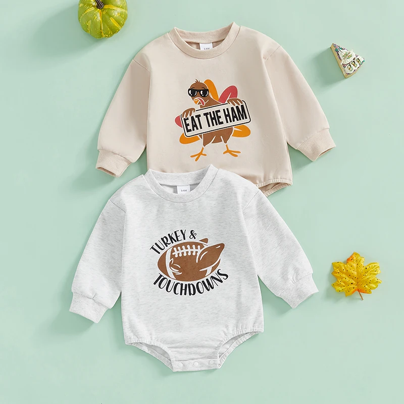 

Baby Thanksgiving Romper Letter/Cartoon Turkey Print Round Neck Long Sleeve Sweatshirt Jumpsuit