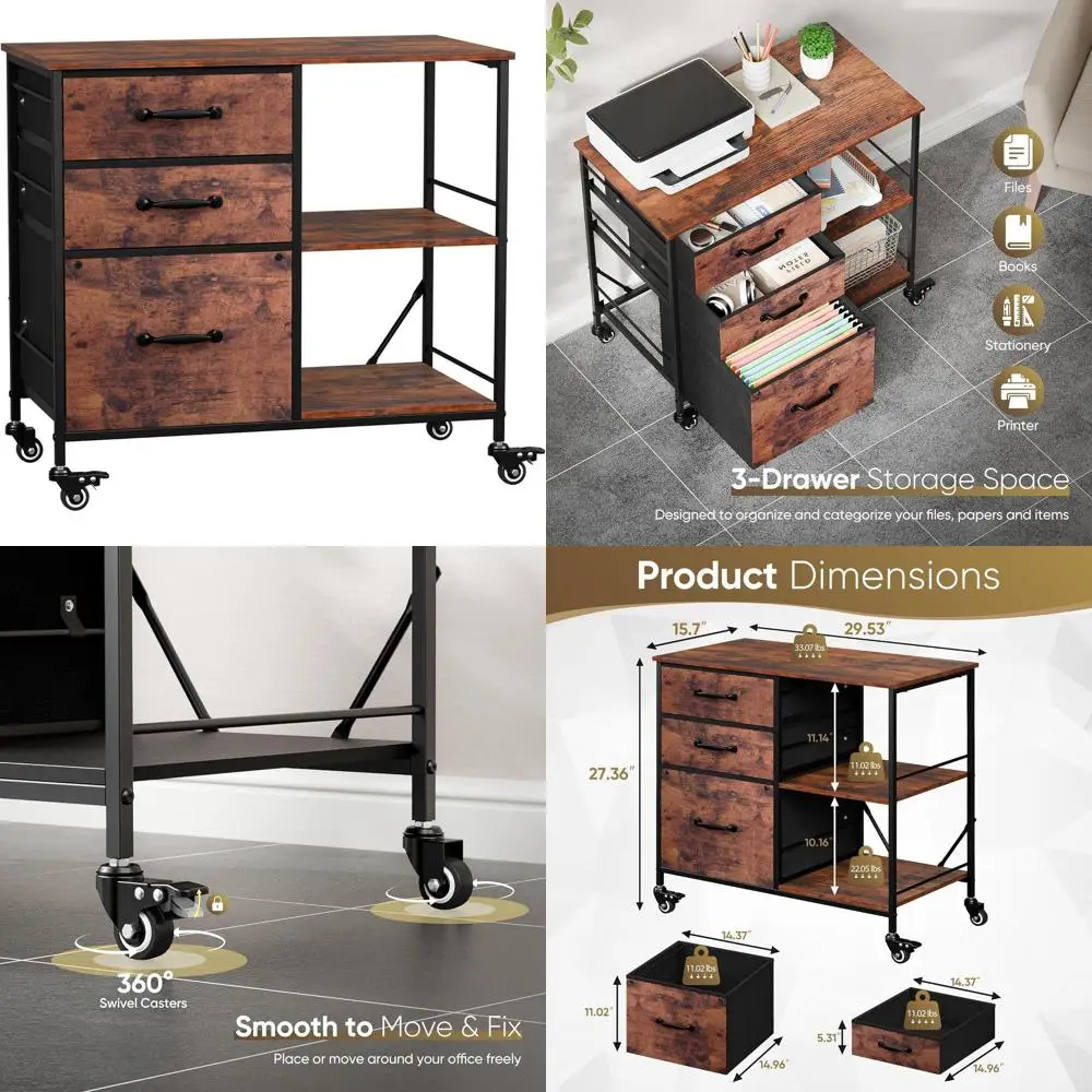 

Тумба для документов на колесиках с 3 выдвижными ящиками и 2 полками, тканевая обивка, для офиса/кабинета/библиотеки, текстура под обожженную древесину