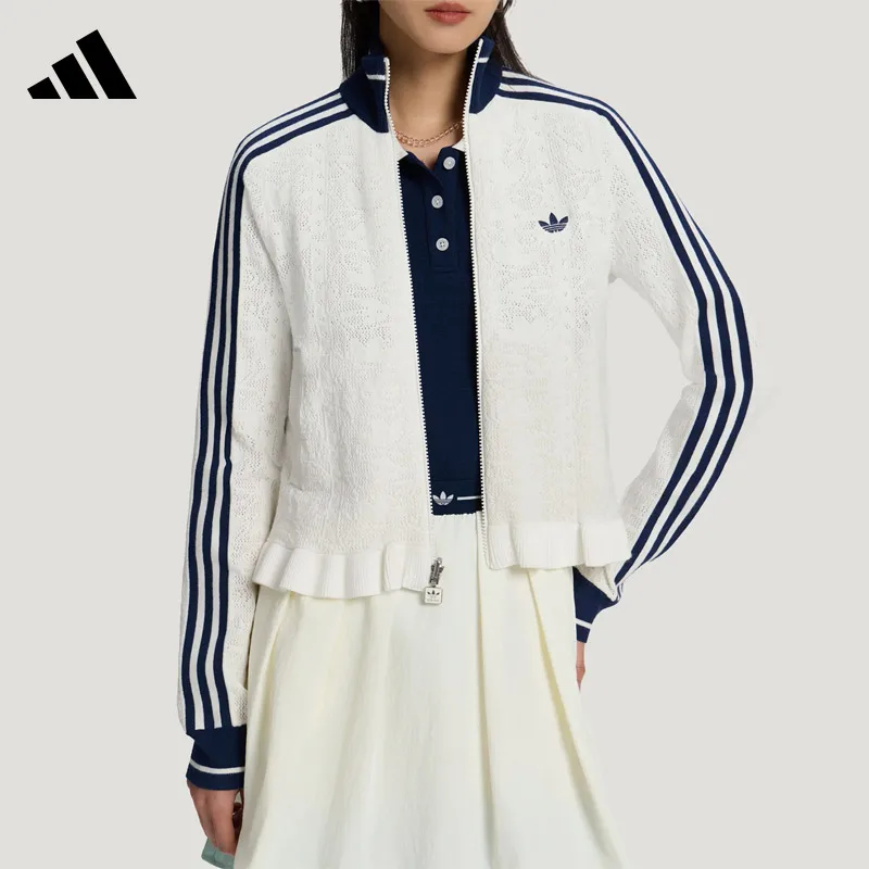 Adidas Clover Women's Knitted Hollow Lace Sports Jacket Slim-Fit Turtleneck Casual Top KX6899