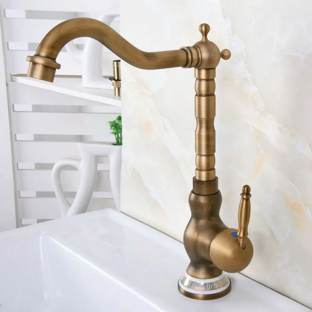 Antique Brass Basin Faucets Bathroom Sink Mixer Deck Mounted Single Handle Single Hole Bathroom Faucet Brass Hot and Col  Lnf611