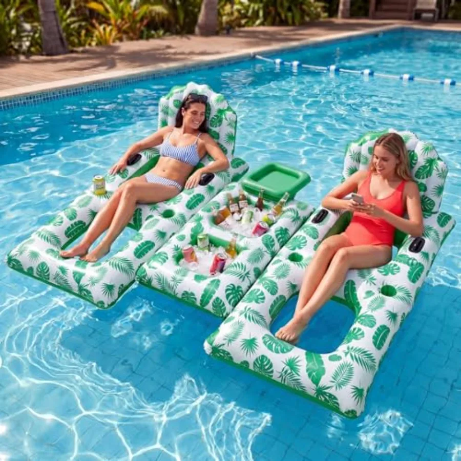 Adult Inflatable Pool Float Lounge For 2 People With Cooler Backrest Cup Holders And Grab Handles In Blue Vinyl For Swimming Be