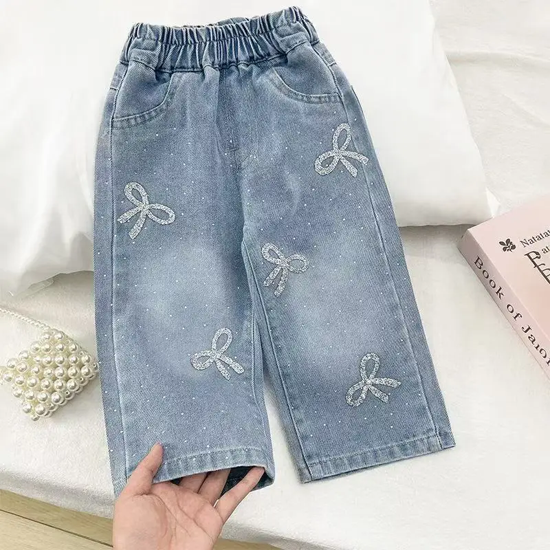 Children's Straight leg Jeans Spring and Autumn New Collection Girls' Heavy Lndustry Bow Water Washed Soft Jeans Baby Pants