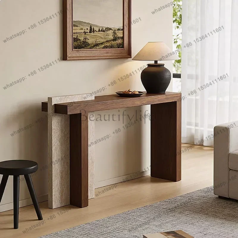 YJ Wabi-Sabi Solid Wood Natural Travertine Entryway Console Table Narrow Long Table for Hallway Living Room Creative Decor